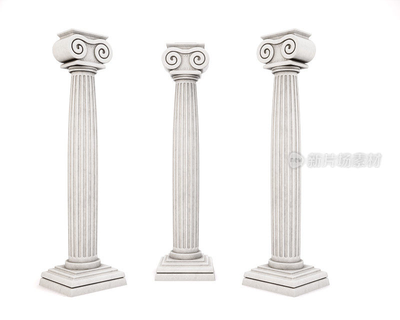三根历史建筑柱孤立在白色背景上。3 d渲染。
